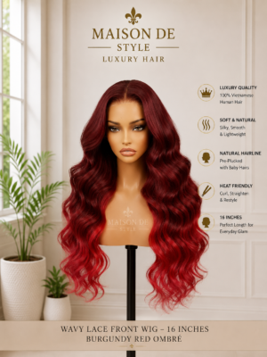 wavy lace front human hair wig in burgundy red color, 16 inches