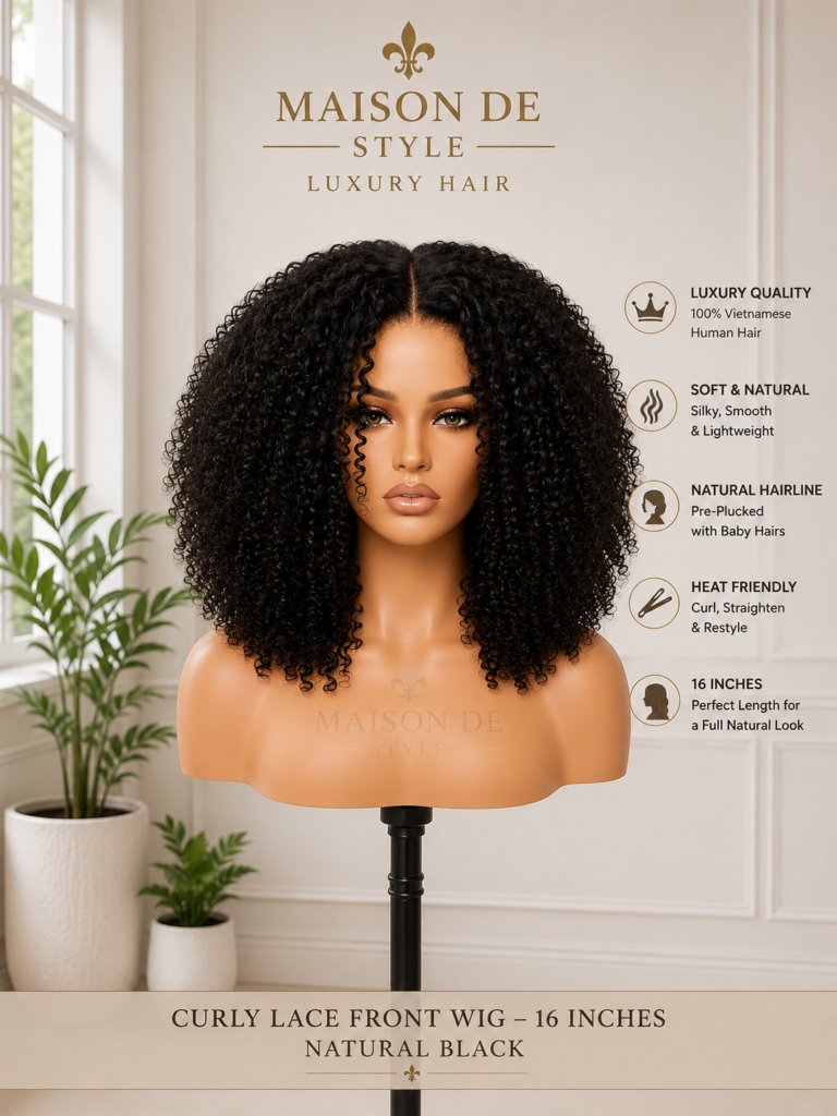 curly lace front human hair wig in natural black color 16 inches