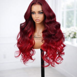 Wavy lace front human hair wig burgundy red