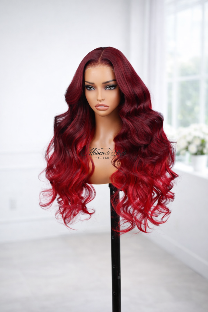 Wavy lace front human hair wig burgundy red
