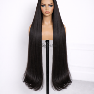 Human hair straight wig with natural hairline, 30 inches, natural black