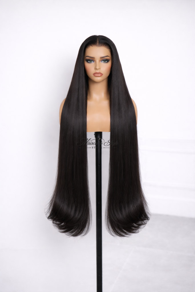 Human hair straight wig with natural hairline, 30 inches, natural black