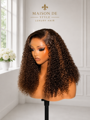 curly lace front wig – dark brown highlight 18 inches