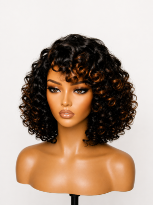 curly bob wig – natural black with honey highlights 12 inches