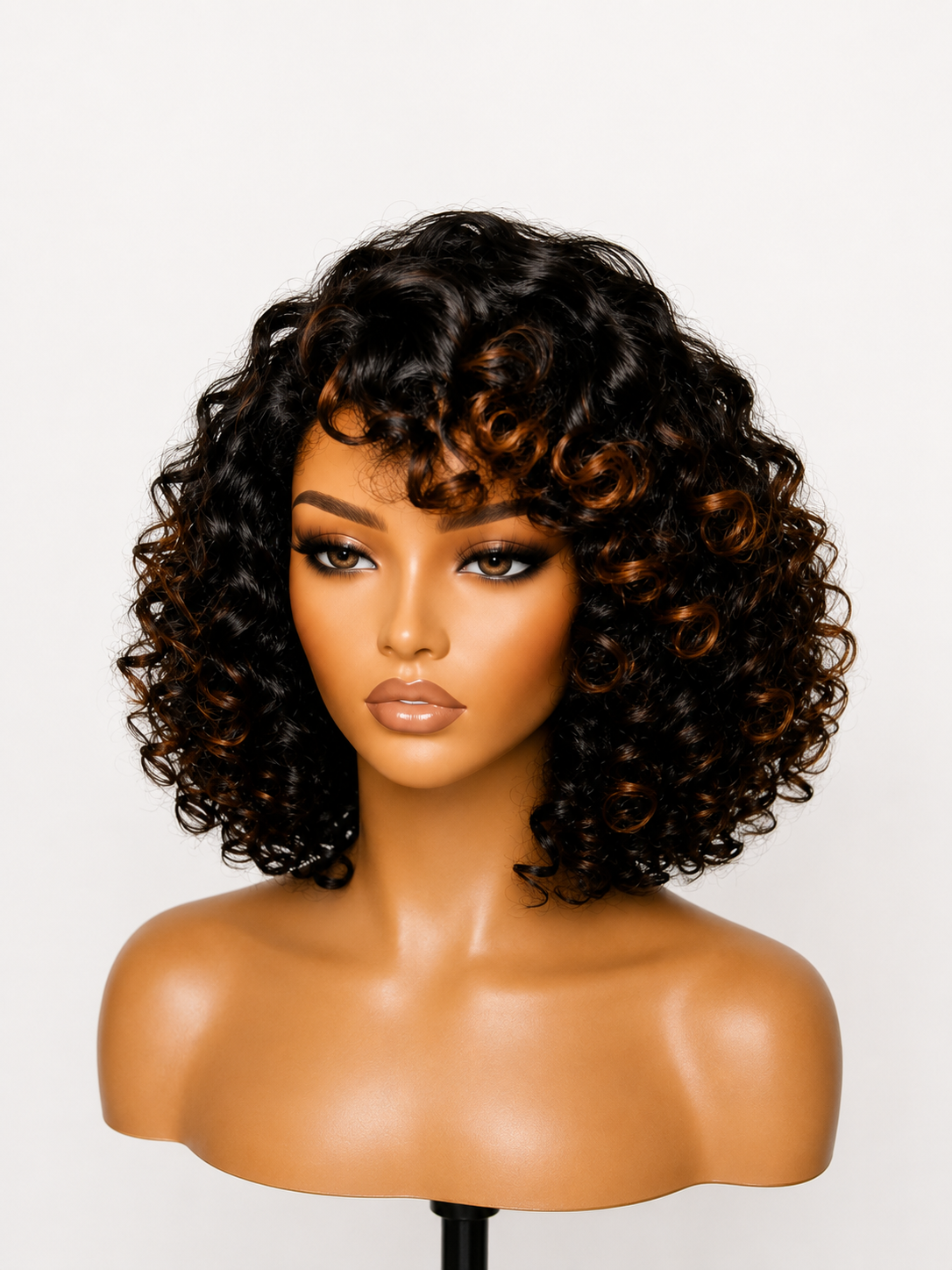 curly bob wig – natural black with honey highlights 12 inches
