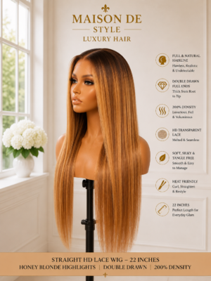 maison de style straight hd lace wig – 22 inches honey blonde highlights | double drawn | 200% density