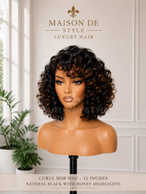 maison de style curly bob wig – natural black with honey highlights 12 inches