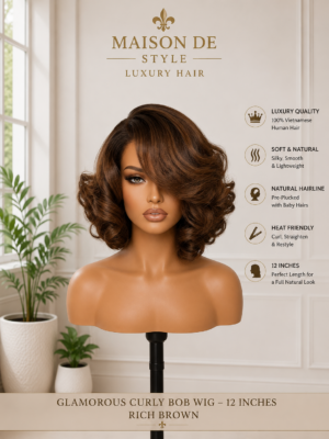 maison de style glamorous curly bob wig – rich brown 12 inches