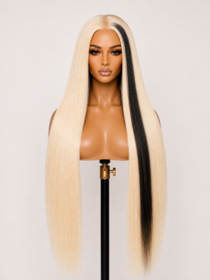 Lundmark30” Platinum Blonde Straight Human Hair Wig with Black Streak